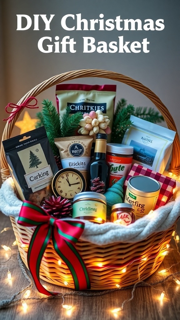 A festive DIY Christmas gift basket filled with snacks, decorations, and cozy items, decorated with a ribbon and fairy lights.